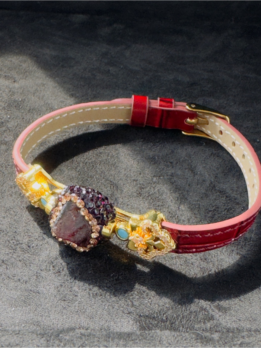 Red Leather Crystal & Gold Accent Bracelet